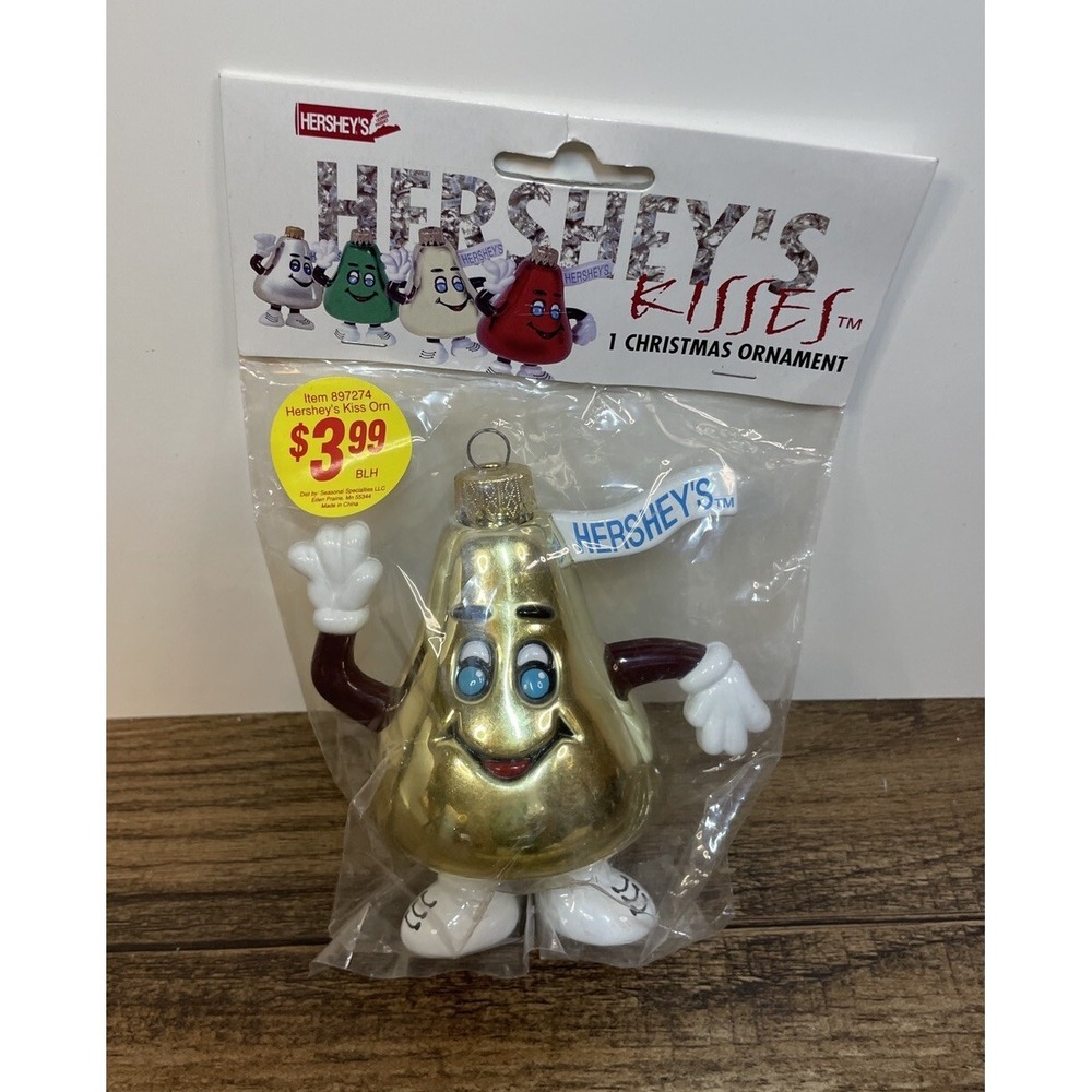 Hershey's Chocolate Kiss 5" Bulb Ornament Gold Foil Waving Cartoon Man Candy